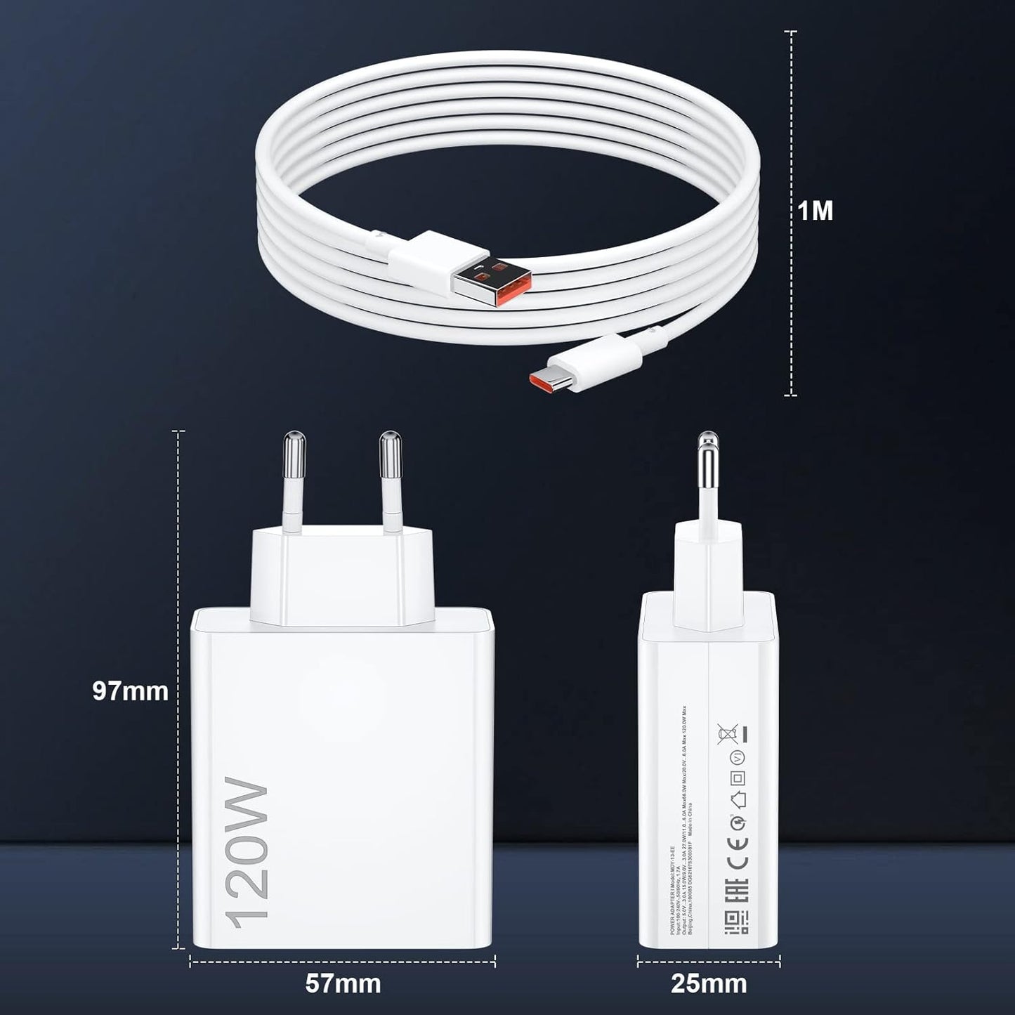مجموعة شحن رأس إخراج USB مدعومة بشاحن توربو ثانٍ من Xaomi بقوة 120 واط وكابل USB من النوع C