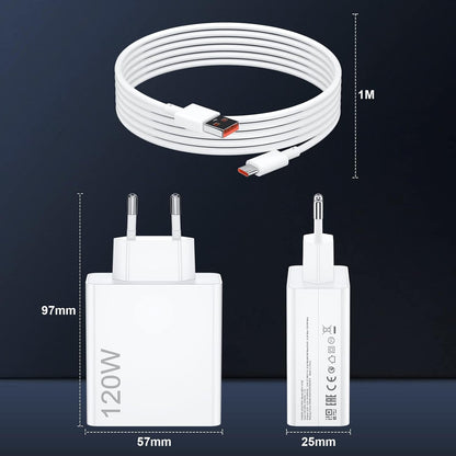 مجموعة شحن رأس إخراج USB مدعومة بشاحن توربو ثانٍ من Xaomi بقوة 120 واط وكابل USB من النوع C