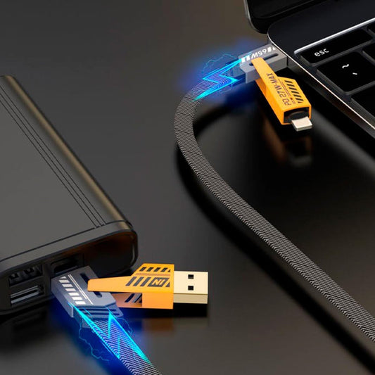 كابل شحن سريع مضفر 4 في 1 | 65 واط PD وشحن سريع 25 واط | USB وType-C إلى Lightning وType-C