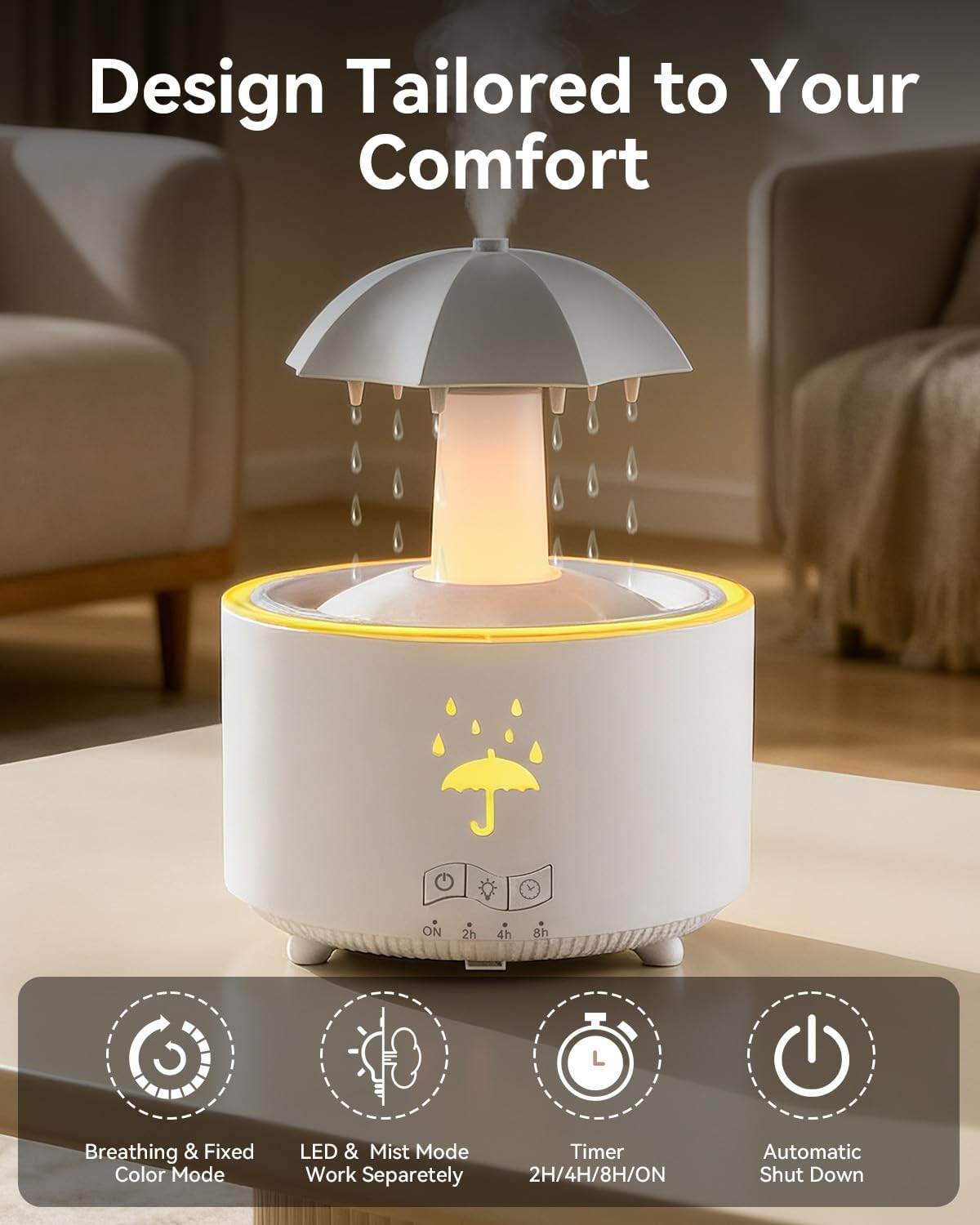 V88 3'ü 1 arada Yağmur Damlası Nemlendirici ve Esansiyel Yağ Difüzörü, Serin Sis, 360 Derece Şelale, Fısıltılı Yağmur Sesi ve 7 Ruh Hali Işığı, Şemsiye Tasarımlı Hava Nemlendirici, Ev, Yatak Odası, Oturma Odası - H3Y - KolayMagza