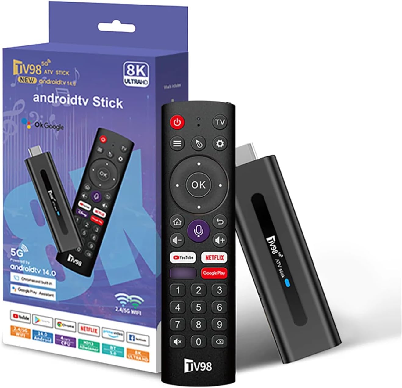 TV98 ATV Stick Mini TV Stick Android 14 H618 Quad Core Cortex A53 يدعم فيديو 8K 2.4G 5G WiFi BT5.0 جهاز تحكم عن بعد صوتي صندوق تلفزيون ذكي (2 + 16 جيجابايت) - G6H