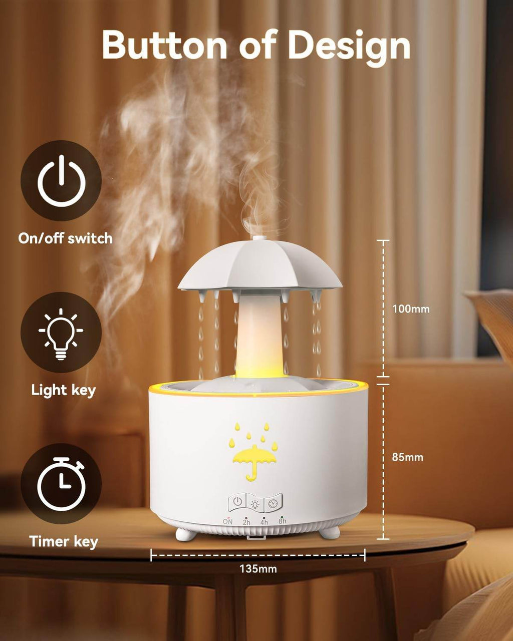 V88 3'ü 1 arada Yağmur Damlası Nemlendirici ve Esansiyel Yağ Difüzörü, Serin Sis, 360 Derece Şelale, Fısıltılı Yağmur Sesi ve 7 Ruh Hali Işığı, Şemsiye Tasarımlı Hava Nemlendirici, Ev, Yatak Odası, Oturma Odası - H3Y - KolayMagza
