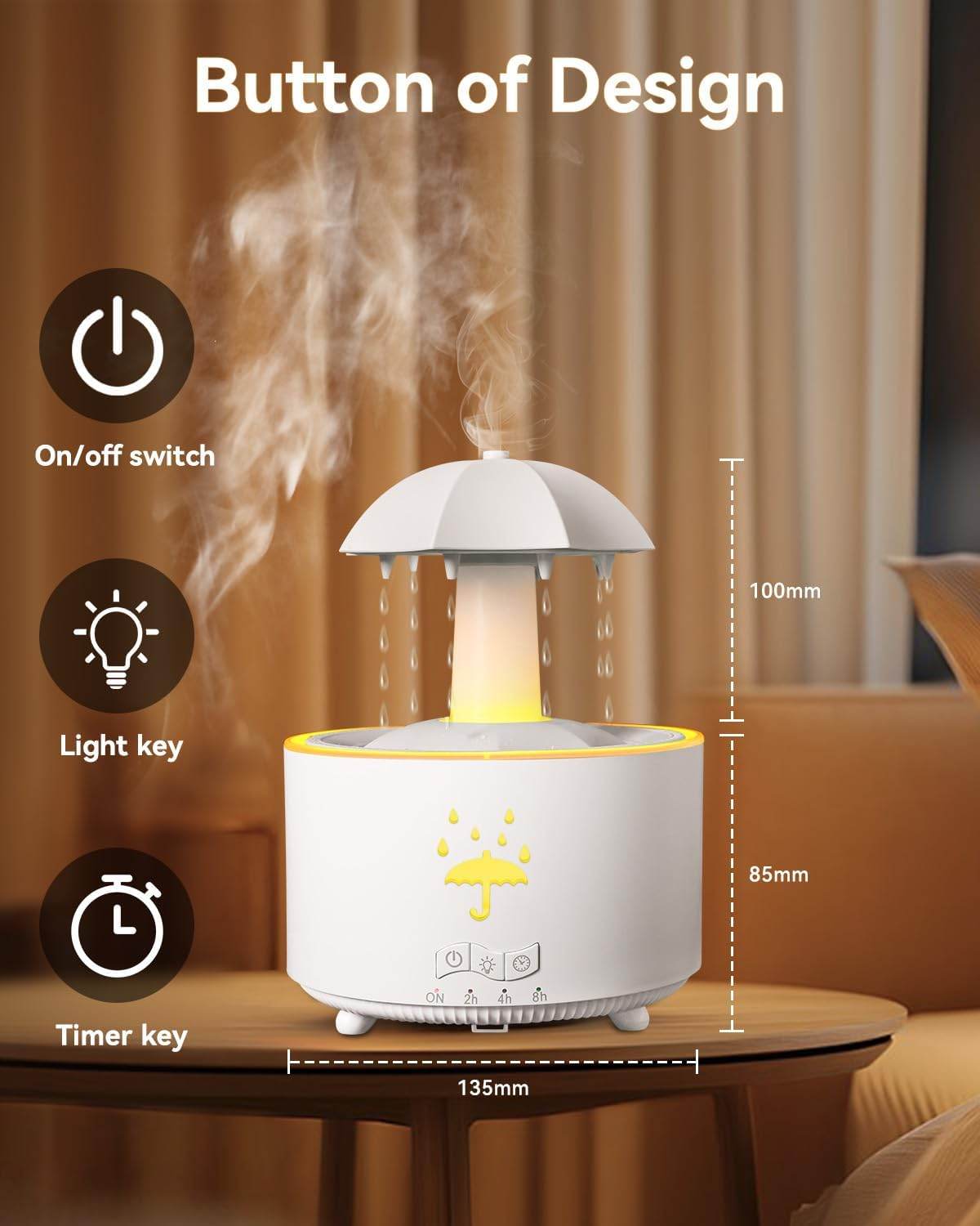 V88 3'ü 1 arada Yağmur Damlası Nemlendirici ve Esansiyel Yağ Difüzörü, Serin Sis, 360 Derece Şelale, Fısıltılı Yağmur Sesi ve 7 Ruh Hali Işığı, Şemsiye Tasarımlı Hava Nemlendirici, Ev, Yatak Odası, Oturma Odası - H3Y - KolayMagza