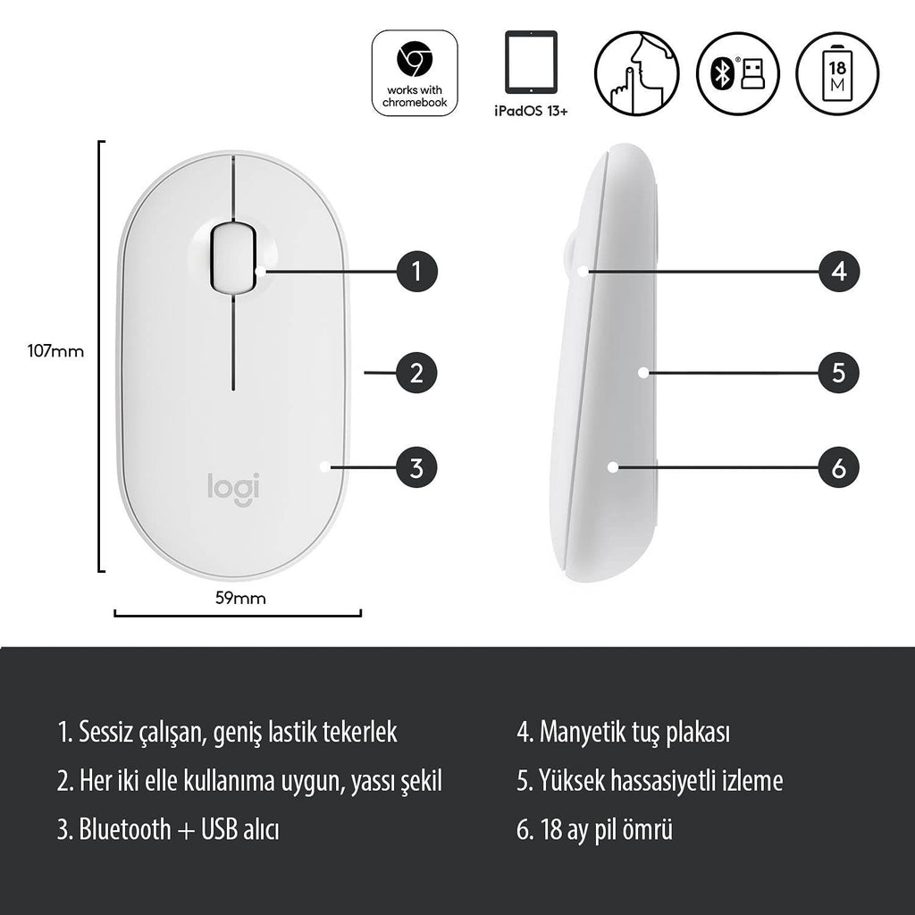 Logitech m350 slim sessiz modern ofis bluetoothlu 18 ay pil ömürlü kablosuz mouse - G4X - KolayMagza