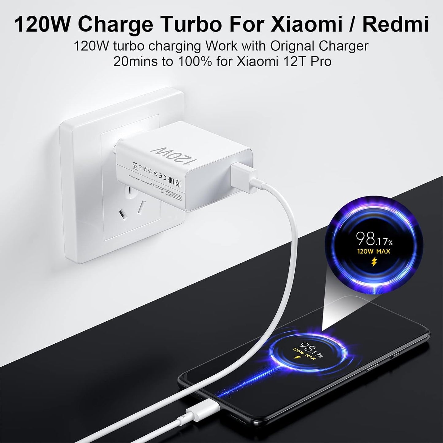مجموعة شحن رأس إخراج USB مدعومة بشاحن توربو ثانٍ من Xaomi بقوة 120 واط وكابل USB من النوع C