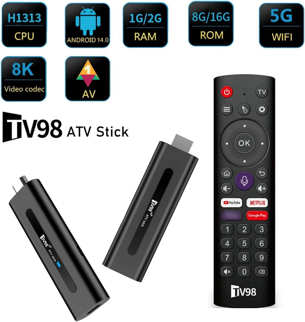 TV98 ATV Stick Mini TV Stick Android 14 H618 Dört Çekirdekli Cortex A53 Desteği 8K Video 2.4G 5G WiFi BT5.0 Sesli Uzaktan Kumanda Akıllı TV Kutusu (2+16GB) - G6H - KolayMagza
