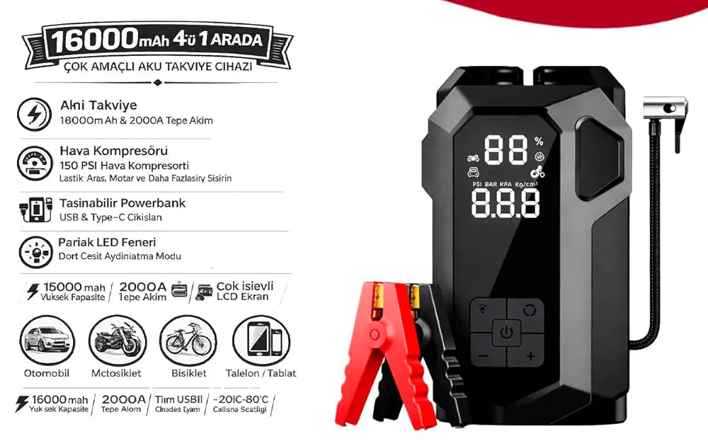 4'ü 1 Arada Taşınabilir Araç Akü Takviye Cihazı (Jump Starter) ve Dijital Hava Kompresörü - 12V Diesel Universal + el fenerli
