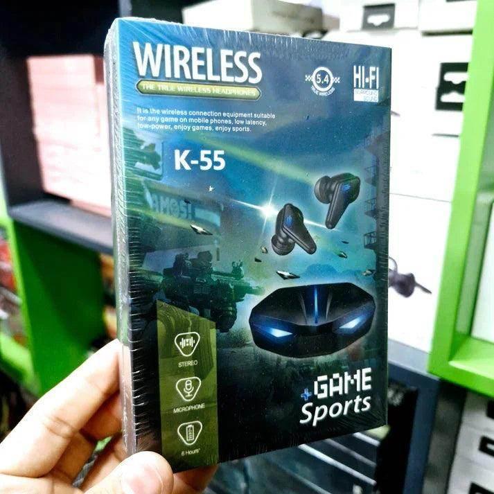 سماعة أذن داخلية للألعاب K55، بإضاءة LED وميكروفون، تعمل باللمس، بلوتوث 5.0v، بدون تأخير - B1T
