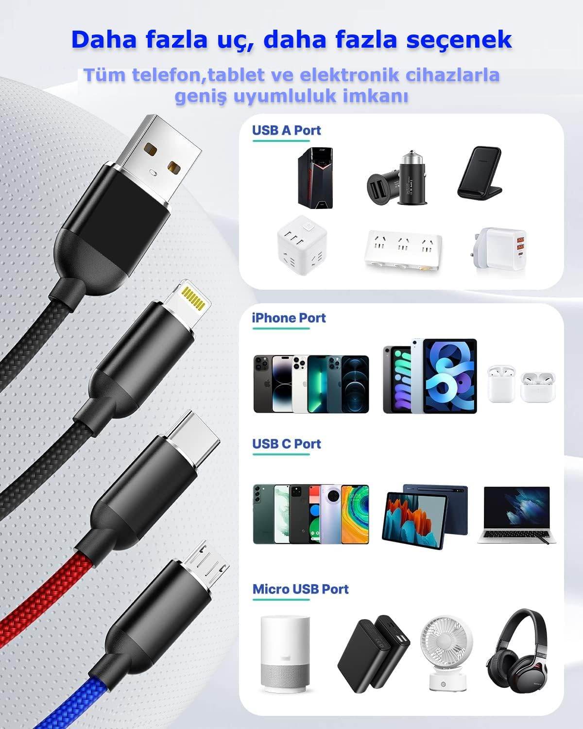3ü1 arada usb typec micro lightning şarj ve veri aktarım kablosu 1,2 m - S1X - KolayMagza