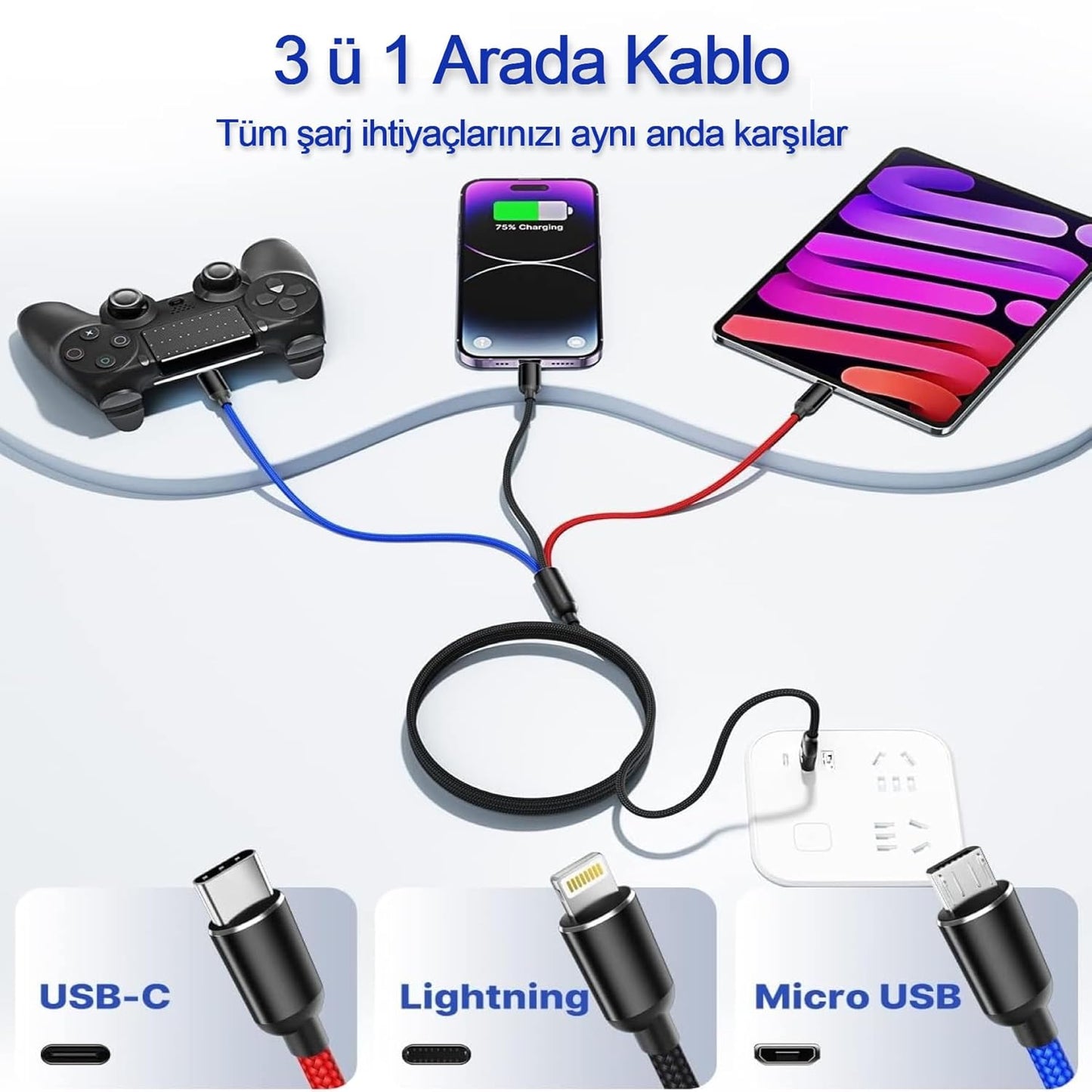 كابل شحن ونقل بيانات 3 في 1 USB TypeC Micro Lightning بطول 1.2 متر