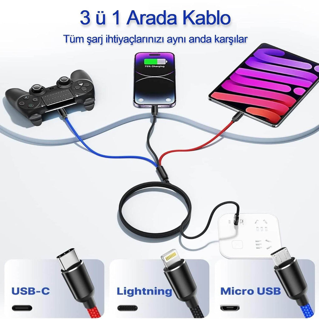3ü1 arada usb typec micro lightning şarj ve veri aktarım kablosu 1,2 m - S1X - KolayMagza