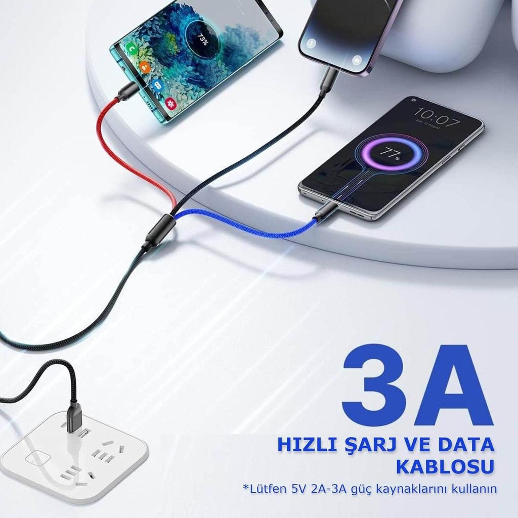 3ü1 arada usb typec micro lightning şarj ve veri aktarım kablosu 1,2 m - S1X - KolayMagza