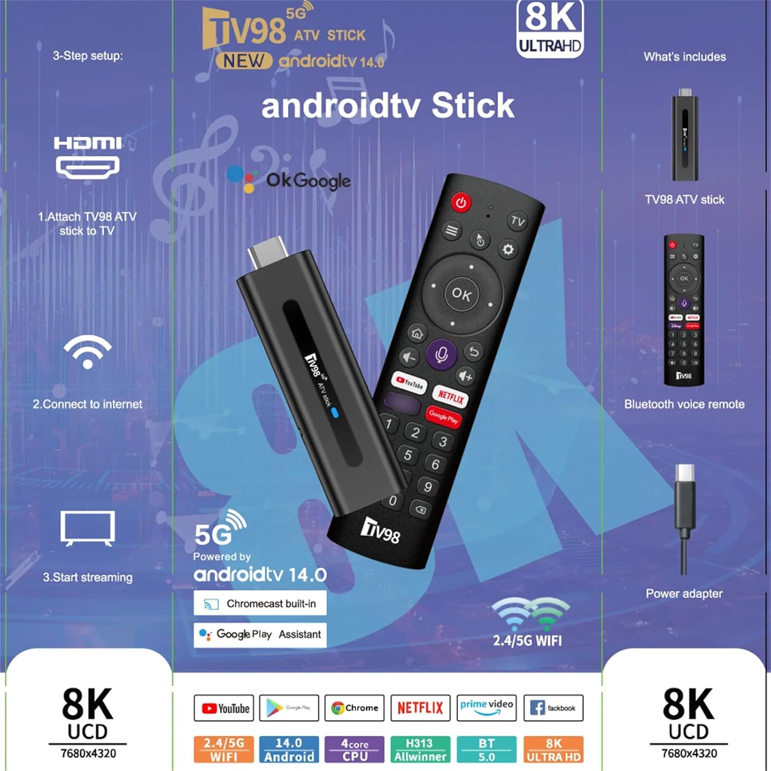 TV98 ATV Stick Mini TV Stick Android 14 H618 Quad Core Cortex A53 يدعم فيديو 8K 2.4G 5G WiFi BT5.0 جهاز تحكم عن بعد صوتي صندوق تلفزيون ذكي (2 + 16 جيجابايت) - G6H