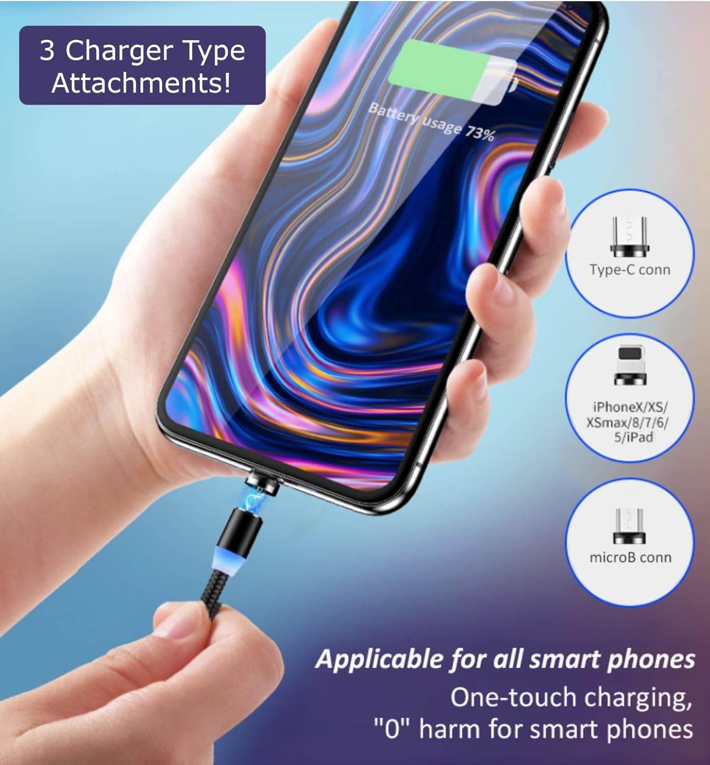 X-cable 3'ü 1 arada 2a mıknatıslı metal şarj kablosu | micro usb + type-c + lightning uçlu | 360° dönebilen manyetik kablo - S3J - KolayMagza