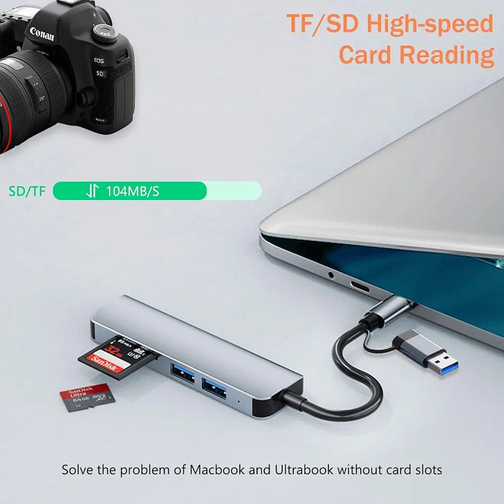 5 in 1 Type-C ve USB 3.0 Çok Fonksiyonlu Hub - 3 Port USB Çoklayıcı, SD/TF Kart Okuyucu Dönüştürücü Adaptör Tucci