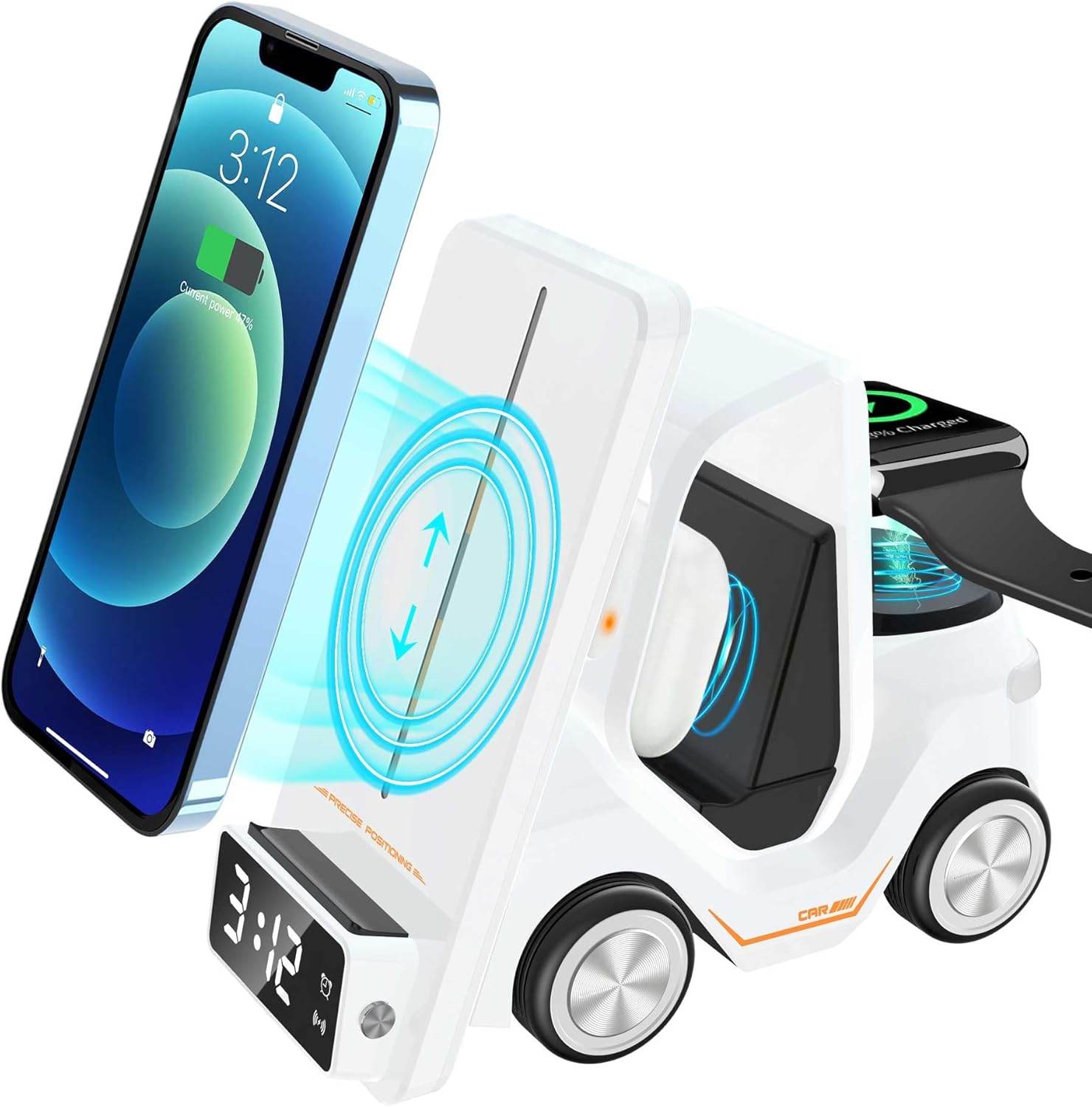 6'sı 1 Arada Kablosuz Şarj İstasyonu Araba Şeklinde – iPhone, Apple Watch, AirPods, Samsung ve Tüm Qi Destekli Telefonlar İçin Hızlı Kablosuz Şarj Cihazı + Alarm ve Masaüstü Organizer - S4B - KolayMagza