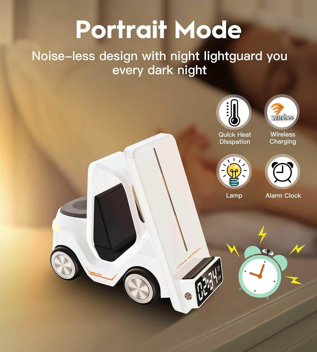 6'sı 1 Arada Kablosuz Şarj İstasyonu Araba Şeklinde – iPhone, Apple Watch, AirPods, Samsung ve Tüm Qi Destekli Telefonlar İçin Hızlı Kablosuz Şarj Cihazı + Alarm ve Masaüstü Organizer - S4B - KolayMagza