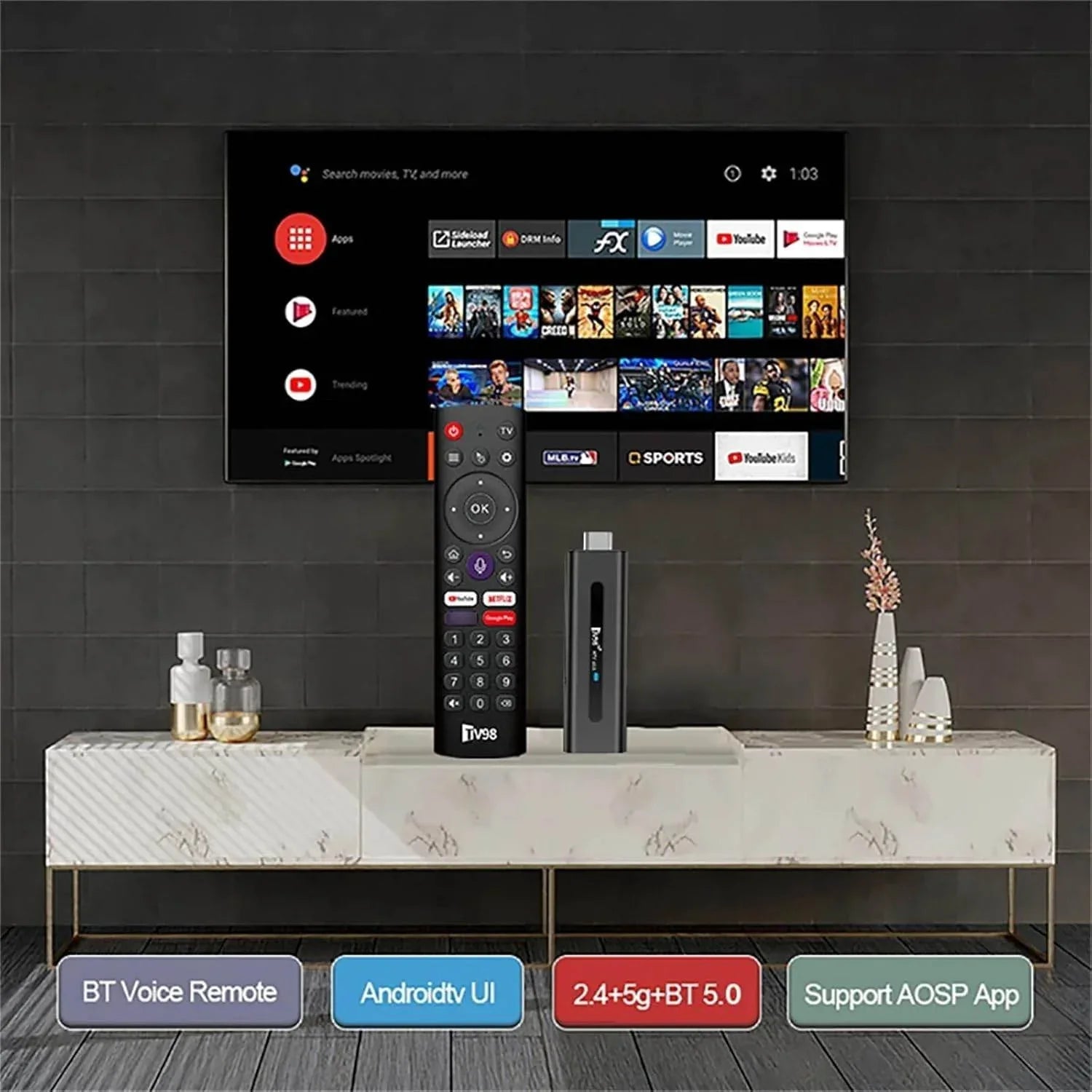 TV98 ATV Stick Mini TV Stick Android 14 H618 Dört Çekirdekli Cortex A53 Desteği 8K Video 2,4G 5G WiFi BT5,0 Sesli Uzaktan Kumanda Akıllı TV Kutusu (2+16GB)