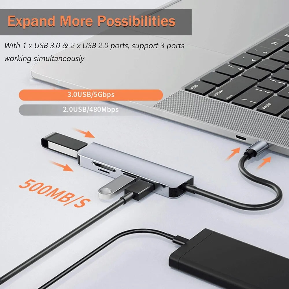 5 in 1 Type-C ve USB 3.0 Çok Fonksiyonlu Hub - 3 Port USB Çoklayıcı, SD/TF Kart Okuyucu Dönüştürücü Adaptör Tucci