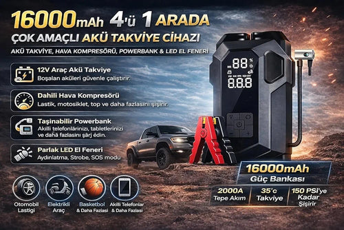 4'ü 1 Arada Taşınabilir Araç Akü Takviye Cihazı (Jump Starter) ve Dijital Hava Kompresörü - 12V Diesel Universal + el fenerli