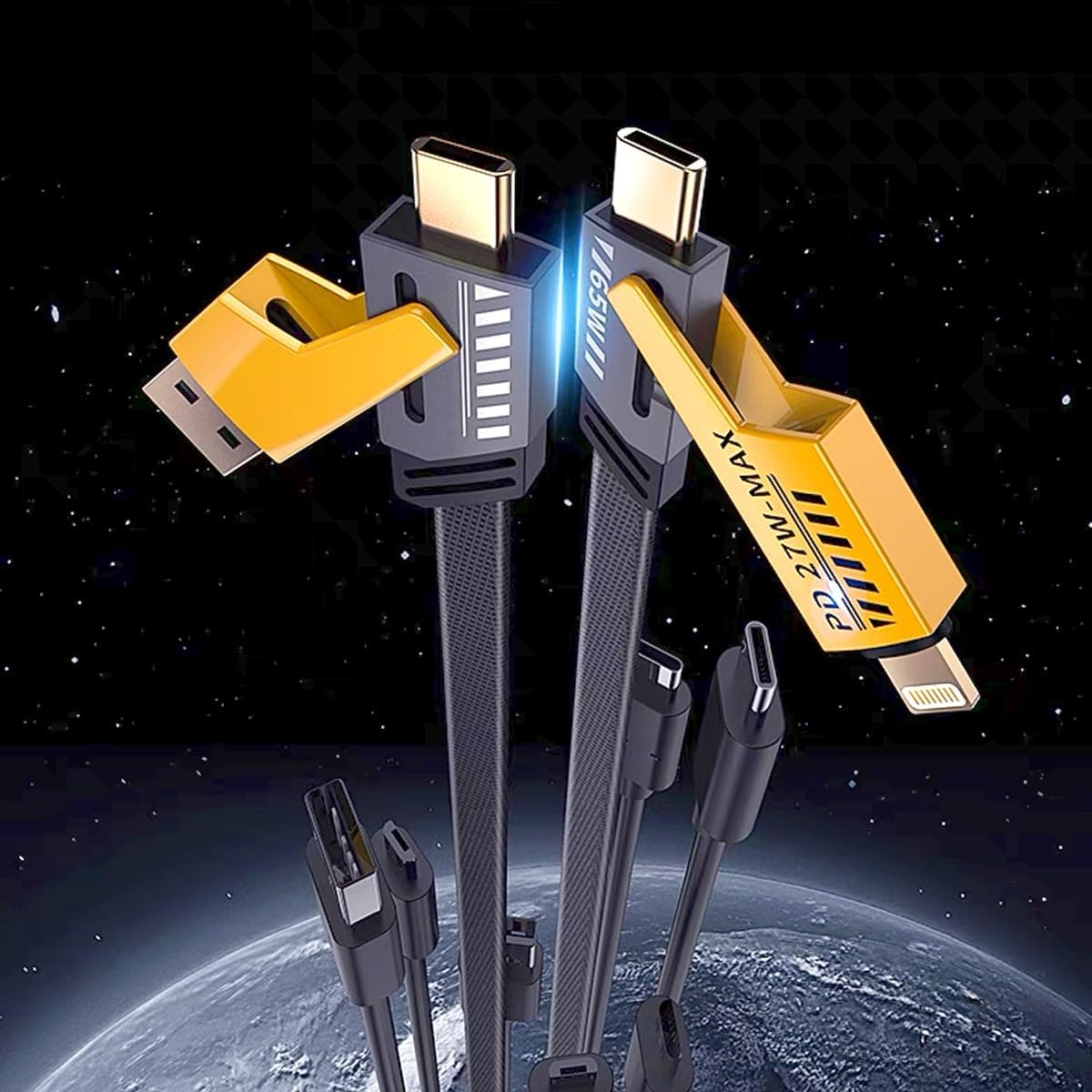 كابل شحن سريع مضفر 4 في 1 | 65 واط PD وشحن سريع 25 واط | USB وType-C إلى Lightning وType-C