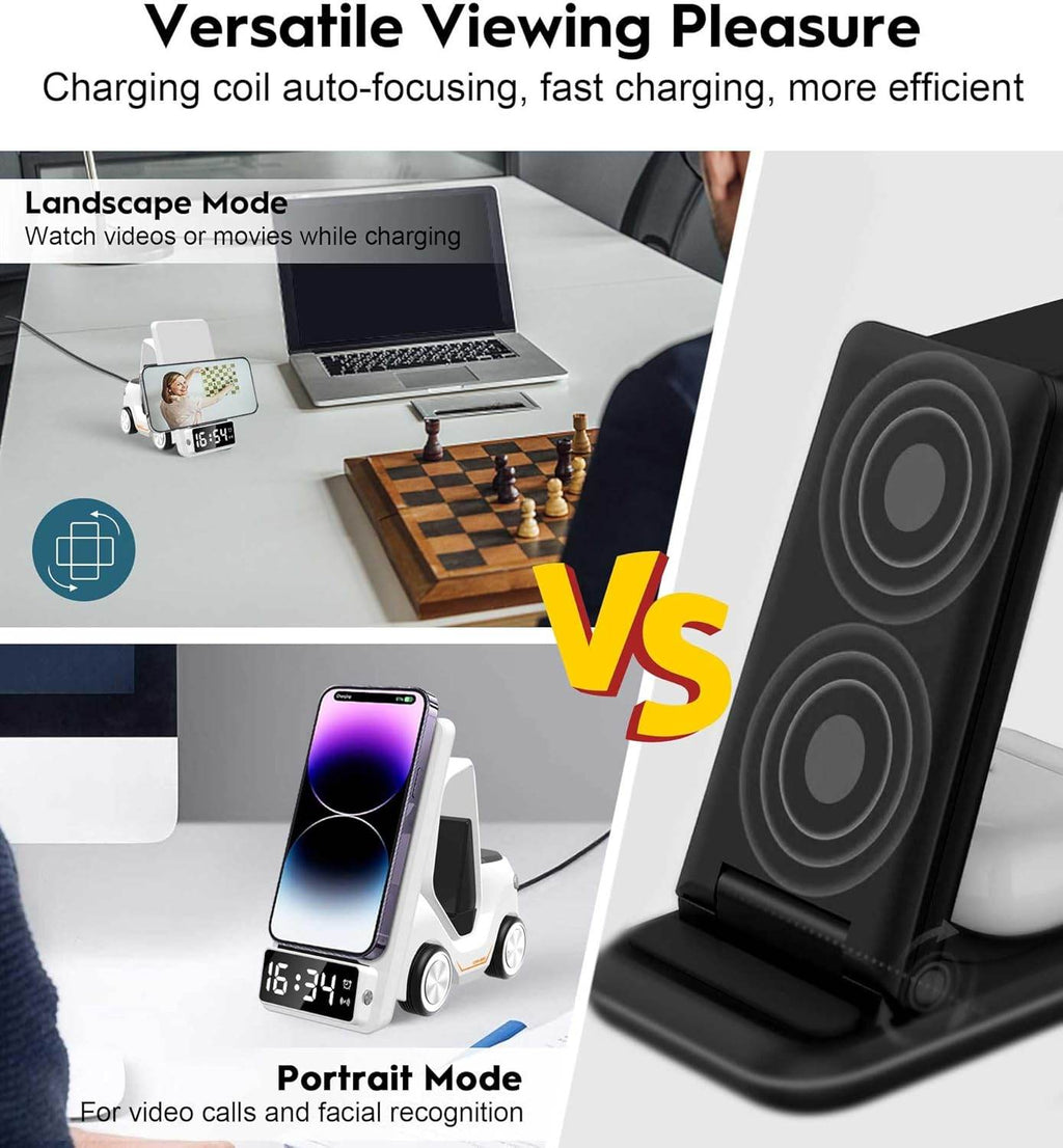 6'sı 1 Arada Kablosuz Şarj İstasyonu Araba Şeklinde – iPhone, Apple Watch, AirPods, Samsung ve Tüm Qi Destekli Telefonlar İçin Hızlı Kablosuz Şarj Cihazı + Alarm ve Masaüstü Organizer - S4B - KolayMagza