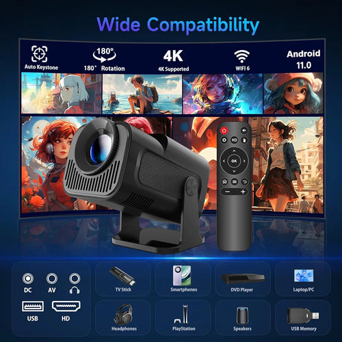HY320 Mini 4K Destekli Akıllı Taşınabilir Projeksiyon Cihazı - Android 11, Dual WiFi 6, Bluetooth 5.0 Siyah Ev Sineması Ev Tipi Projektör