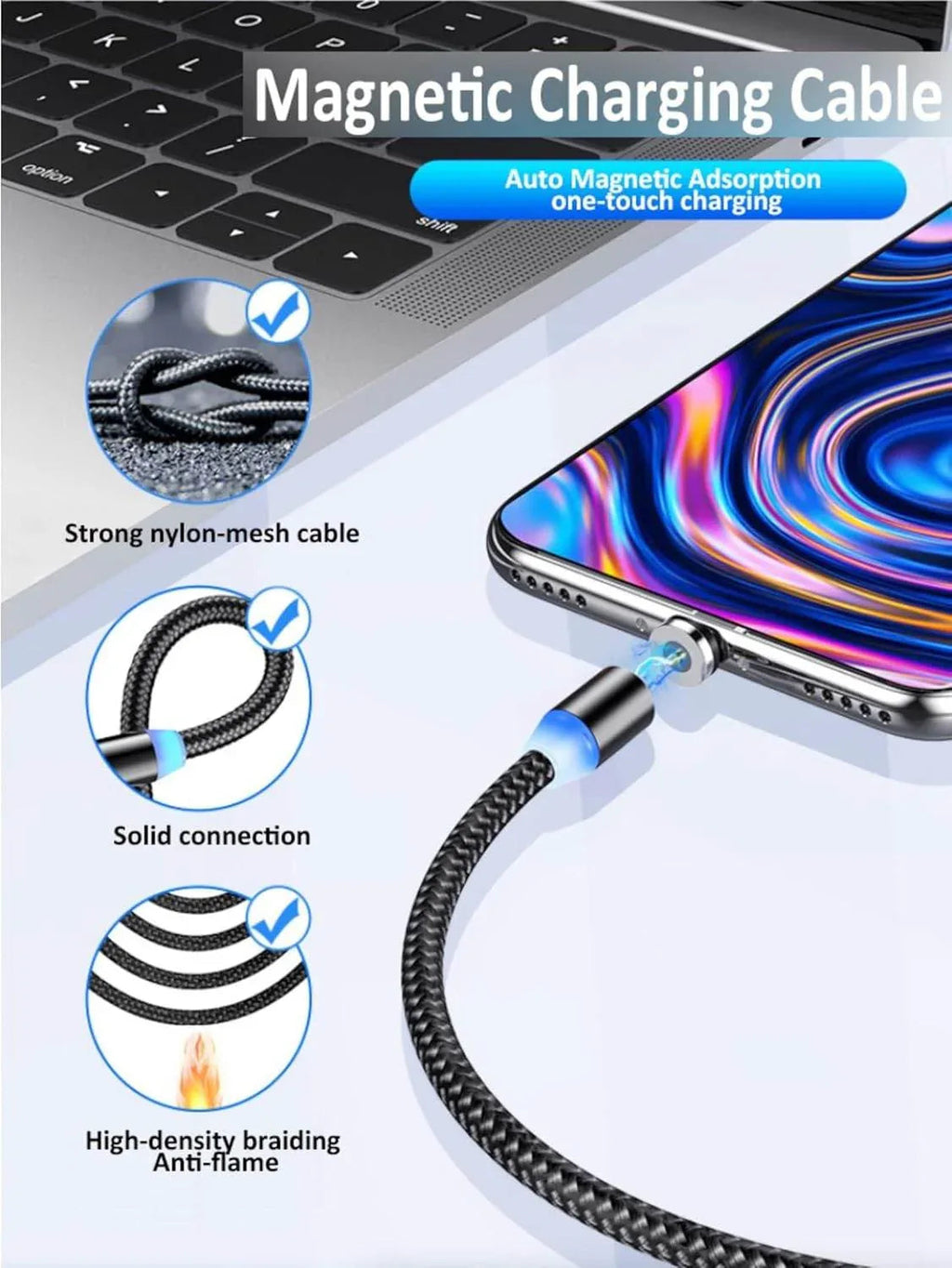 X-cable 3'ü 1 arada 2a mıknatıslı metal şarj kablosu | micro usb + type-c + lightning uçlu | 360° dönebilen manyetik kablo - S3J - KolayMagza KM Technology
