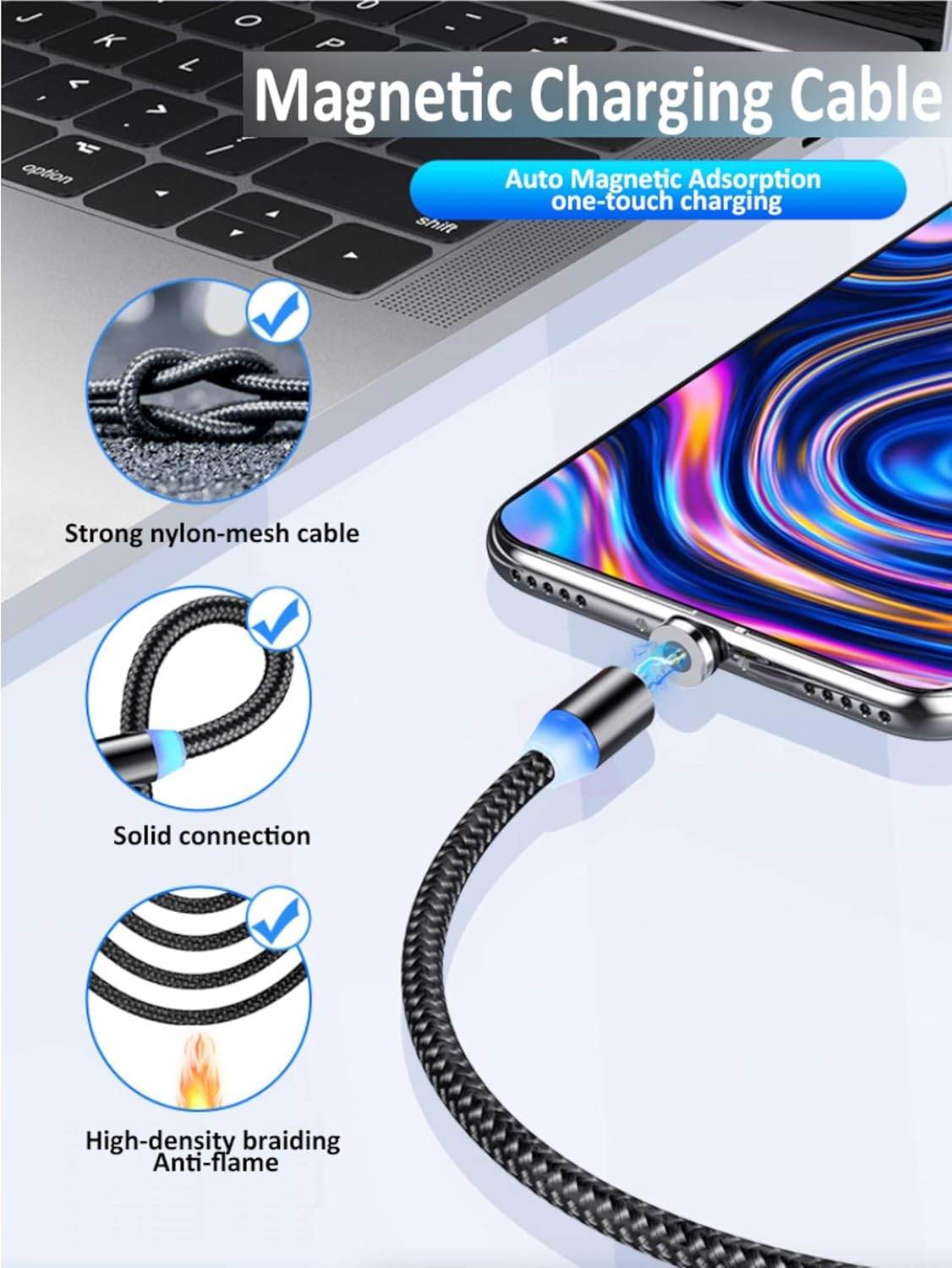 X-cable 3'ü 1 arada 2a mıknatıslı metal şarj kablosu | micro usb + type-c + lightning uçlu | 360° dönebilen manyetik kablo - S3J - KolayMagza