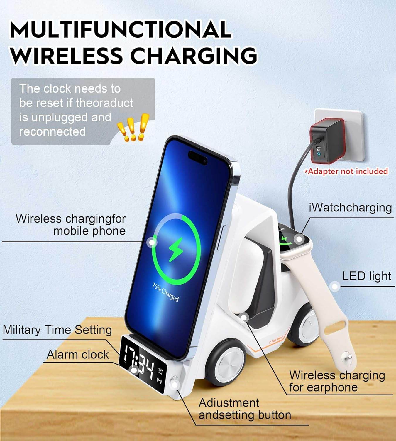 6'sı 1 Arada Kablosuz Şarj İstasyonu Araba Şeklinde – iPhone, Apple Watch, AirPods, Samsung ve Tüm Qi Destekli Telefonlar İçin Hızlı Kablosuz Şarj Cihazı + Alarm ve Masaüstü Organizer - S4B - KolayMagza