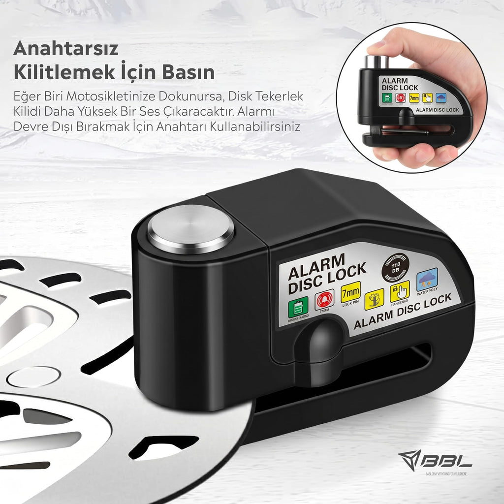 Alarmlı Motosiklet Disk Kilidi - 110 dB Sarsıntı Sensörlü Su Geçirmez Bisiklet ve Elektrikli Scooter Kilidi + Hatırlatıcı Kablo