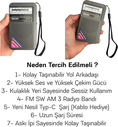 Meier m-9320 minimalist cep radyo fm/am/sw usb sarj edilebilir kulaklık takılabilir - H3K