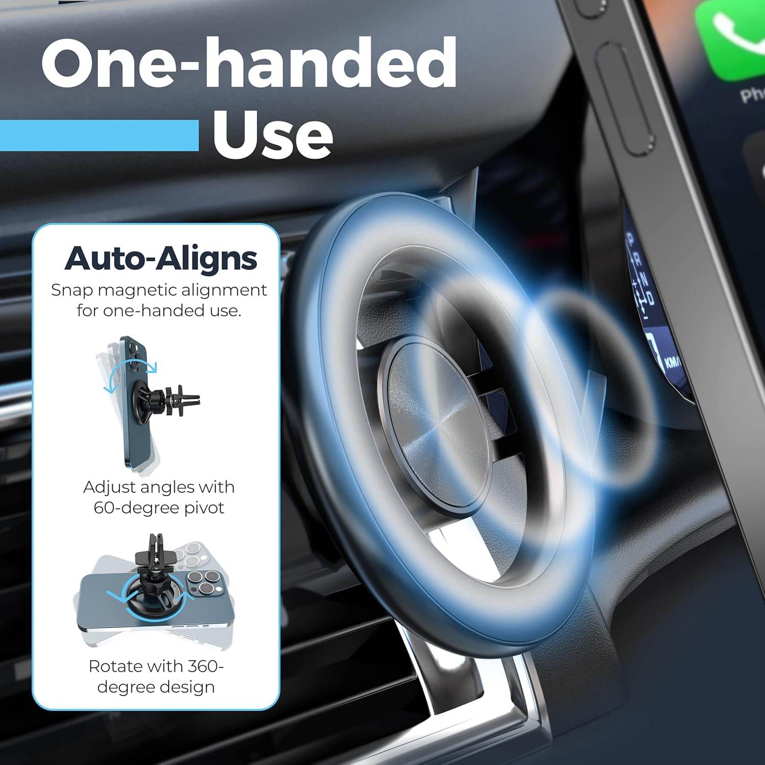 Havalandırmaya takılan magsafe manyetik 360° döner araç telefon tutucu - kolay kurulum, güçlü tutuş - R1M - KolayMagza