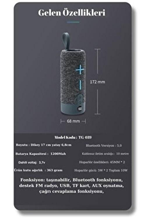 Tg-619 kumaş dokulu 10w 1200mah stereo fm radyo sd kart usb aux destekli 5.0v taşınabilir bluetooth hoperlör - H1Q - KolayMagza KM Technology