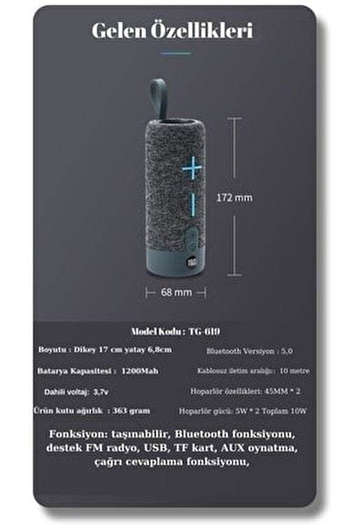 Tg-619 kumaş dokulu 10w 1200mah stereo fm radyo sd kart usb aux destekli 5.0v taşınabilir bluetooth hoperlör - H1Q - KolayMagza