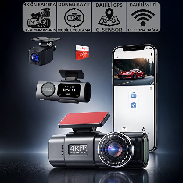 4K Ultra HD Vehicle BlackBOX DVR Dual Lens Araç İçi Kamera - WDR Gece Görüşlü Çift Kameralı Yol Kayıt Cihazı