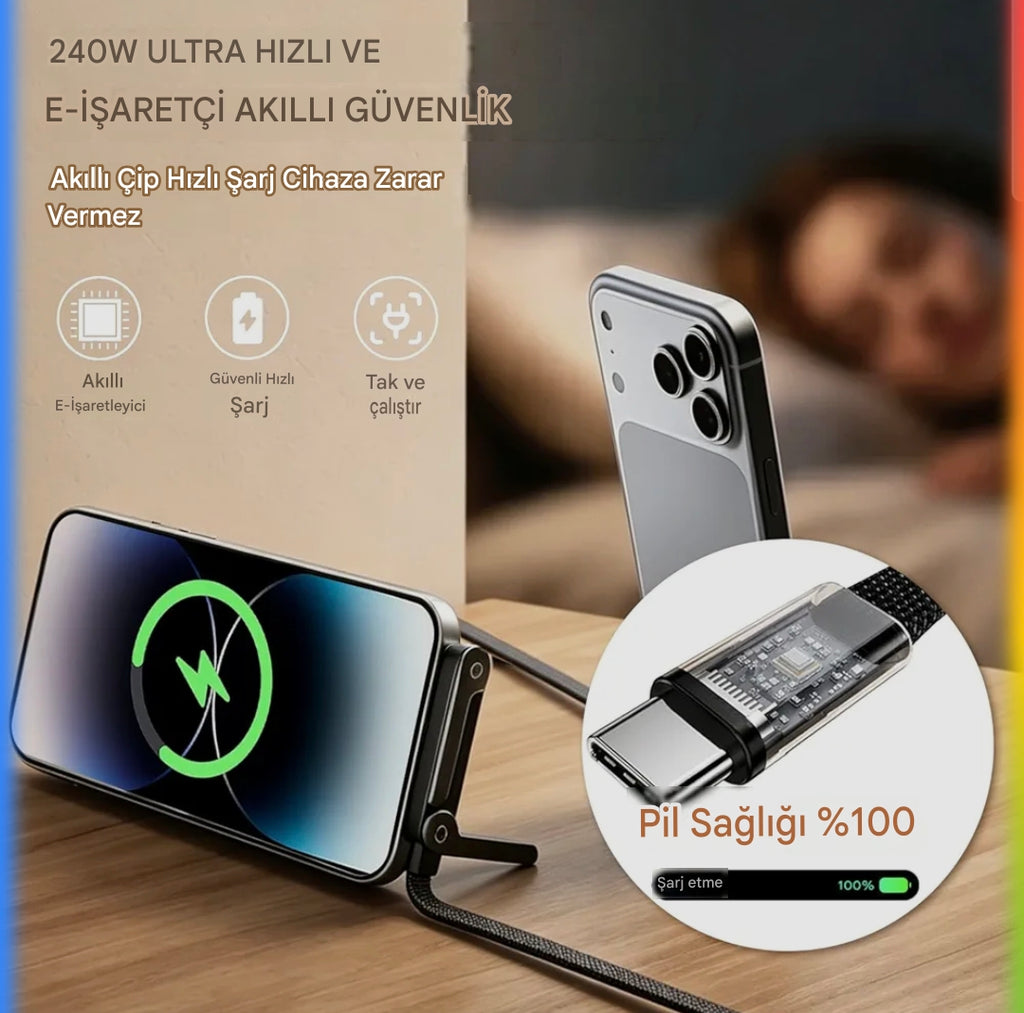 Orjinal 240w metal standlı TypeC - TypeC kablo 1,50m hasır şarj kablosu
