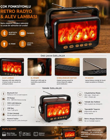Alev efektli güneş enerjili, ışıklı, Usb Tf Sd destekli, nostaljik Bluetooth radio ve hoparlör