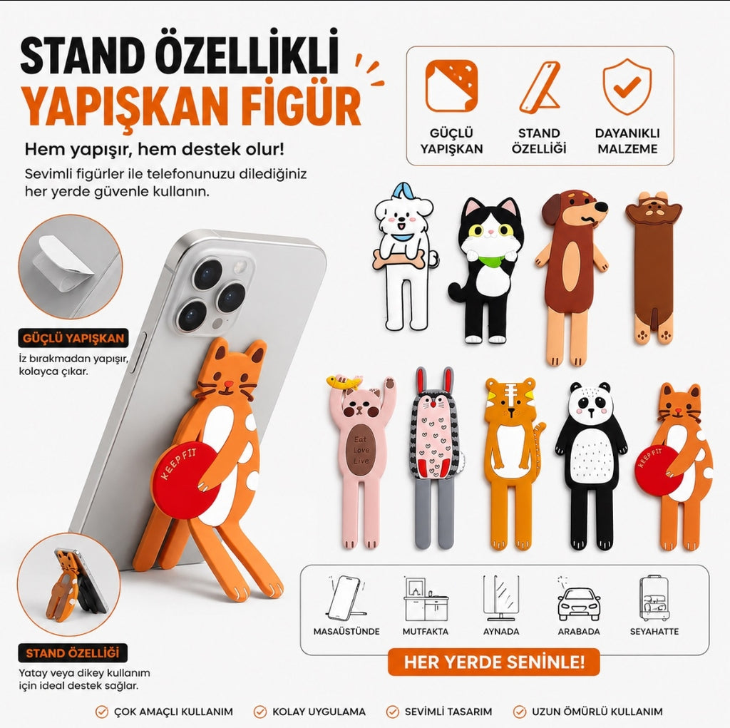 ( 5 adet ) Sevimli Hayvan Figürlü Esnek Telefon Standı - Güçlü Yapışkanlı Çok Amaçlı Telefon Tutucu