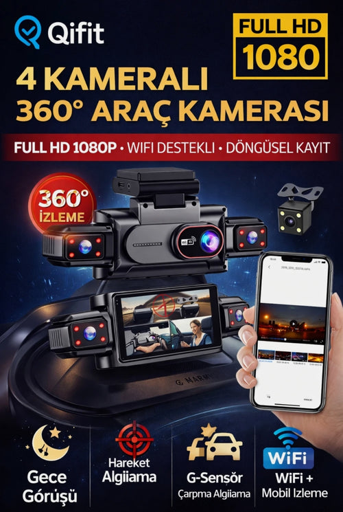 4 Kameralı 360° Döngüsel Kayıt Full HD 1080p Araç İçi Kamera - WiFi Cam, park modlu, Gece Görüşlü WDR Teknolojisi ve Yol Kayıt Cihazı