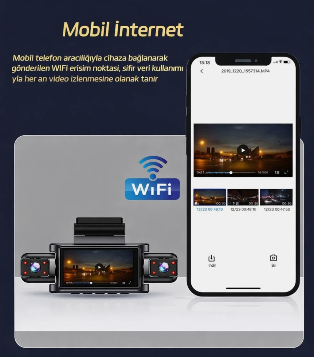 4 Kameralı 360° Döngüsel Kayıt Full HD 1080p Araç İçi Kamera - WiFi Cam, park modlu, Gece Görüşlü WDR Teknolojisi ve Yol Kayıt Cihazı