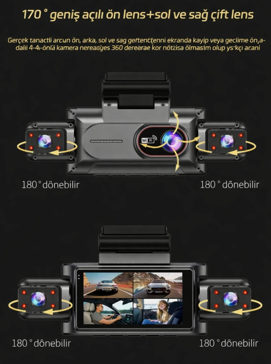 4 Kameralı 360° Döngüsel Kayıt Full HD 1080p Araç İçi Kamera - WiFi Cam, park modlu, Gece Görüşlü WDR Teknolojisi ve Yol Kayıt Cihazı
