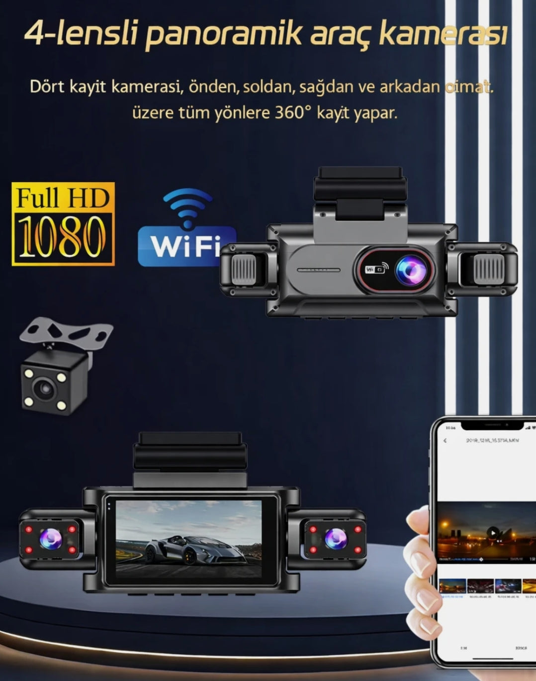 4 Kameralı 360° Döngüsel Kayıt Full HD 1080p Araç İçi Kamera - WiFi Cam, park modlu, Gece Görüşlü WDR Teknolojisi ve Yol Kayıt Cihazı