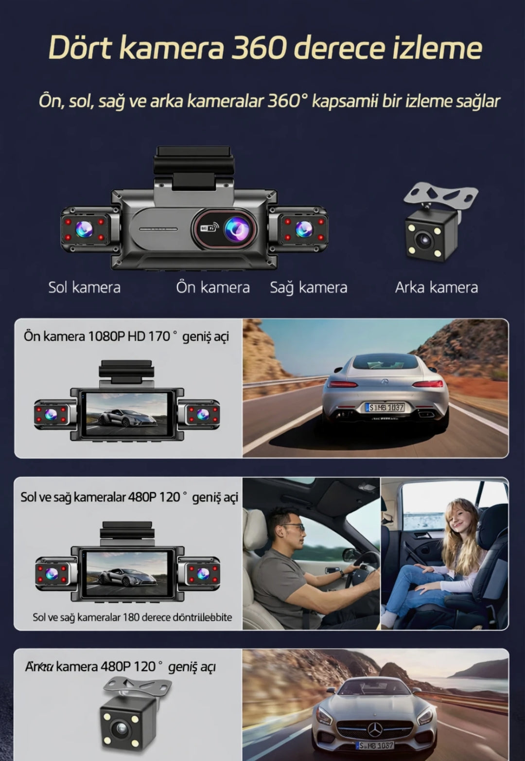 4 Kameralı 360° Döngüsel Kayıt Full HD 1080p Araç İçi Kamera - WiFi Cam, park modlu, Gece Görüşlü WDR Teknolojisi ve Yol Kayıt Cihazı