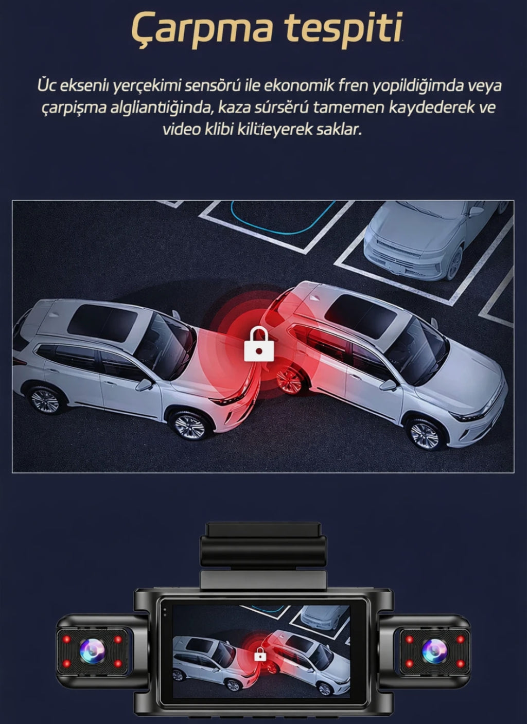 4 Kameralı 360° Döngüsel Kayıt Full HD 1080p Araç İçi Kamera - WiFi Cam, park modlu, Gece Görüşlü WDR Teknolojisi ve Yol Kayıt Cihazı