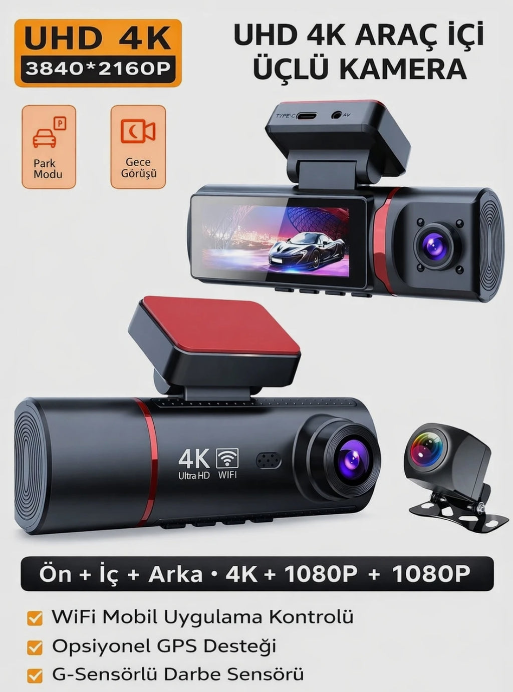 4K Ultra HD Vehicle BlackBOX DVR Dual Lens Araç İçi Kamera - WDR Gece Görüşlü Çift Kameralı Yol Kayıt Cihazı