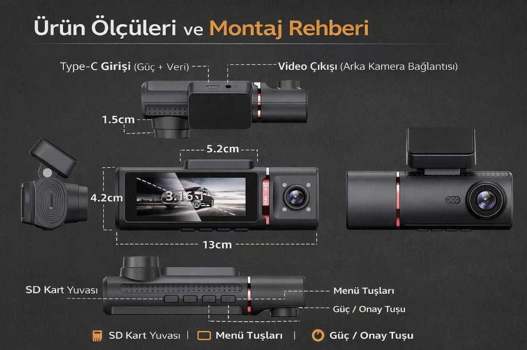4K Ultra HD Vehicle BlackBOX DVR Dual Lens Araç İçi Kamera - WDR Gece Görüşlü Çift Kameralı Yol Kayıt Cihazı