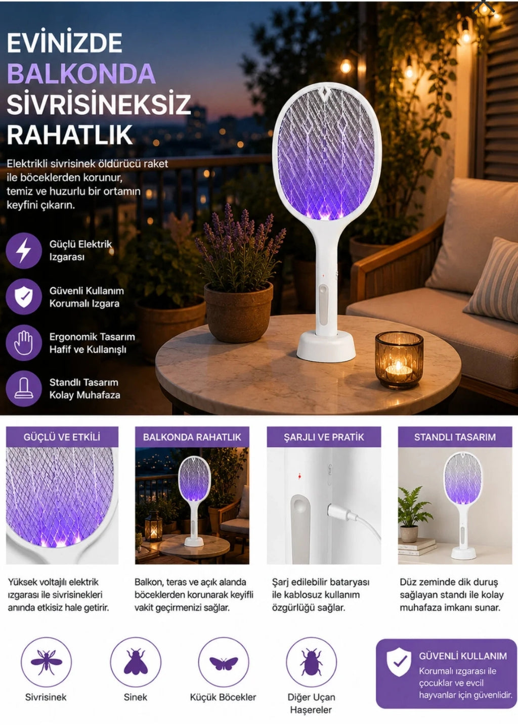 Şarjlı Elektrikli Sinek Öldürücü Raket - UV Işıklı Otomatik Sivrisinek Tuzağı ve Stantlı Sinek Raketi