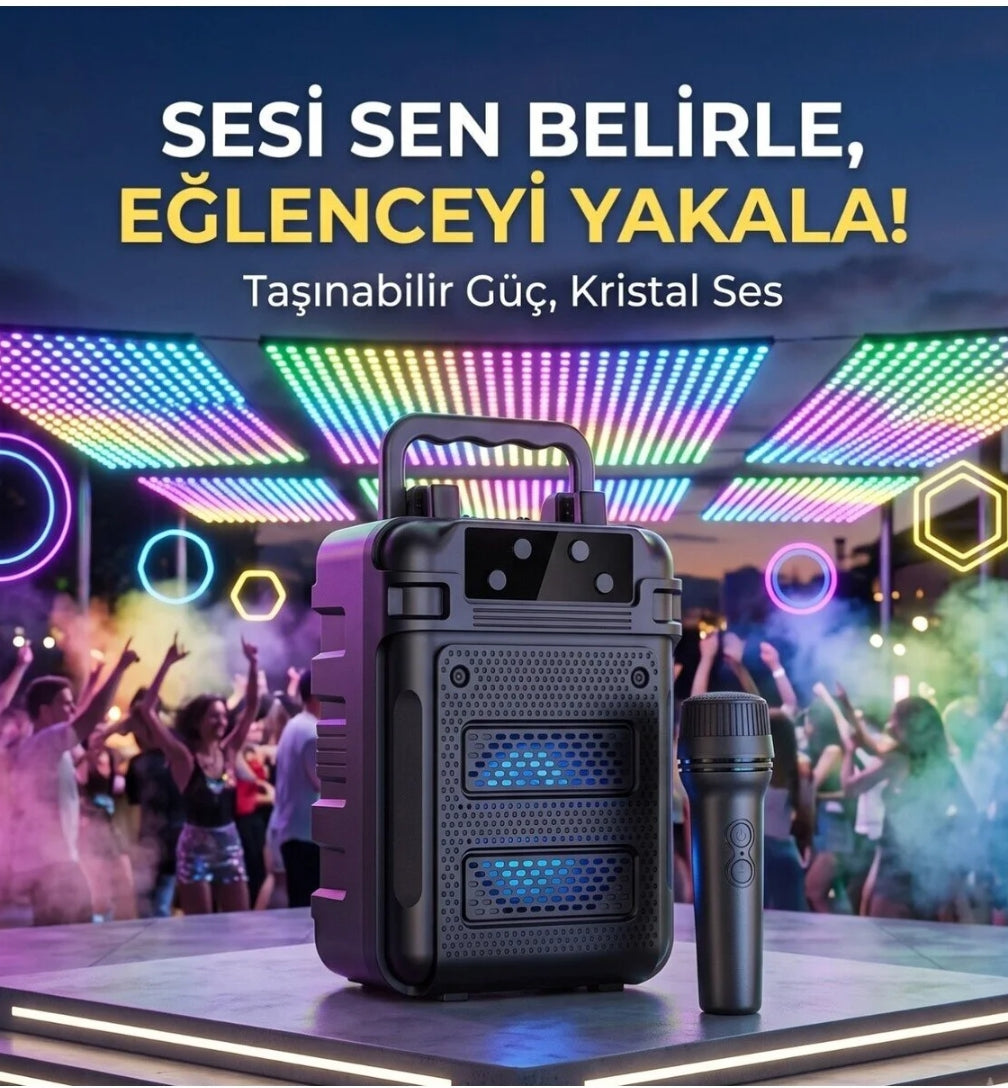 GTS-2333 Kablosuz Karaoke Mikrofonlu Işıklı Taşınabilir Bluetooth Hoparlör 3 İnç fm radyolu CARBON
