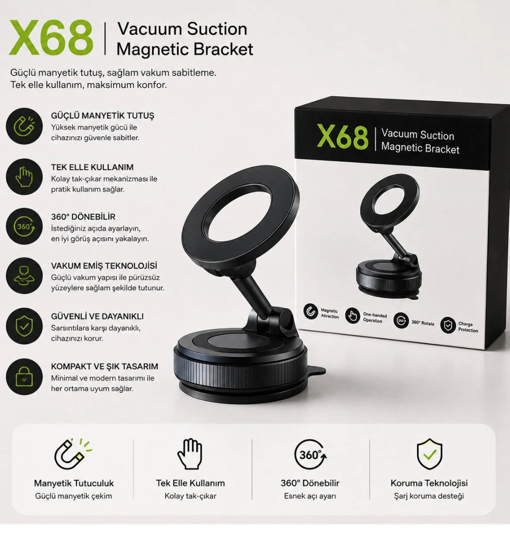 X68 Vakumlu ve Magsafe Uyumlu Manyetik Araç İçi Telefon Tutucu - 360° Dönebilen Torpido ve Cam Tutacağı İVO